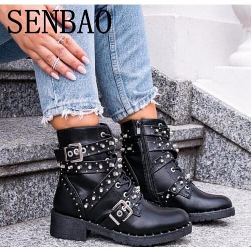 Women Leather Ankle Boots Ladies Autumn Buckle Short Boots Square Heel Rivet For Woman Black Fall Winter Punk Motocycle Shoes