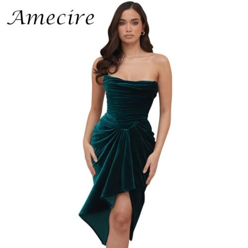 Amecire Velvet Rubber Lining Ruched Midi Ladies Clothing Runway Dress Evening Dresses Luxury Party Night Club Women Sexy Dress