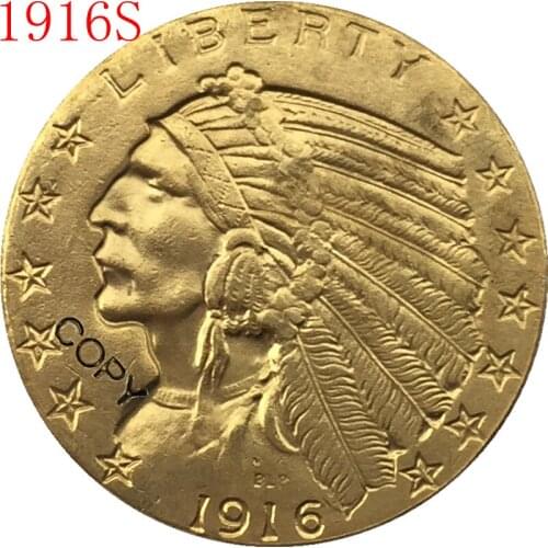 24-K gold plated 1916-S $5 GOLD Indian Half Eagle Coin Copy