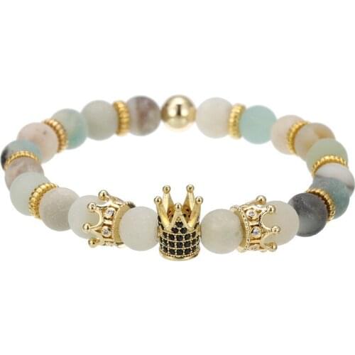 5pcs/lot lava multi natural round beads connected charm crown copper tiny slice handmade beaded bracelet for unisex