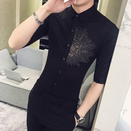 Black/White Hot Drilling Social Shirts Men Tuxedo Korean Simple All Match Slim Fit Half Sleeve Casual Dress Blouse Homme 3XL-M