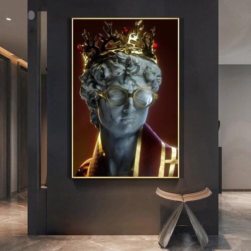 Aesthetic Golden Sculpture David Statue with Crown Poster and Prints Canvas Painting Hallway Wall Art Pictures for Home Decor