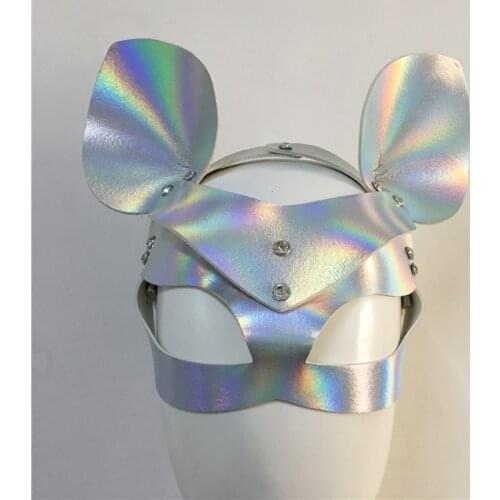 Laser Holographic Mask PU Faux Leather Adjustable Belt Rivet Hollow Out Patchwork Masks With Two Ears Rave Festival Chic Mask
