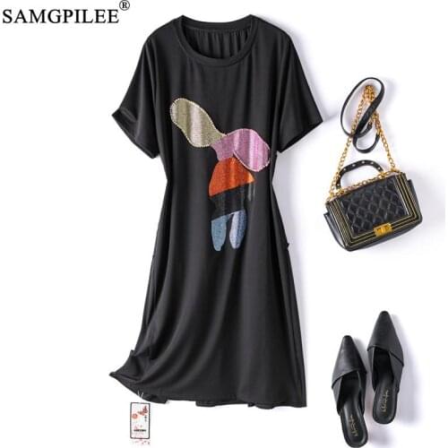 Summer Women Dress 2021 New Fashion Cartoon Pattern Drawing Loose Stretch Short Sleeve Raglan Sleeves Korean Style Dresses