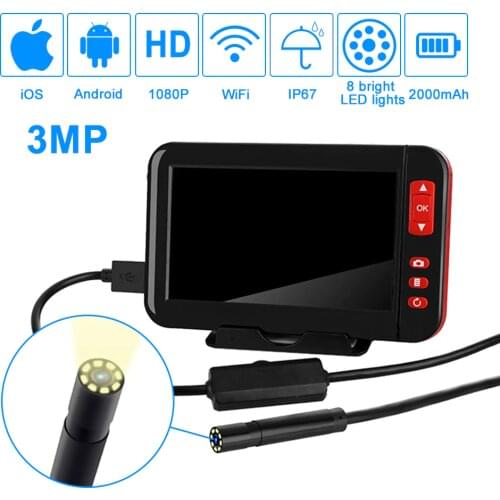 1080P 8mm Endoscope Mini Camera with 8 LED Lights 4.3 IPS LCD 3MP Inspection Camera Snake Camera Endoscope For Cars Sewer Drain