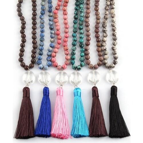 Fashion Knotted White Oval Crystal Link Long Tassel Necklace Handmade Women Stone Necklace