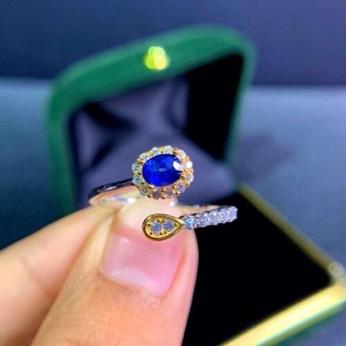 Fashion delicate Adjustable water drop Natural blue sapphire gem Ring S925 Silver Natural Gemstone Ring Womens office Jewelry
