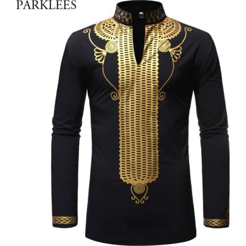 Mens Luxury Gold Print Dashiki African Bazin Dress Shirt Brand Mandarin Collar Long Sleeve Tribal Top Blouse Chemise Homme 2XL