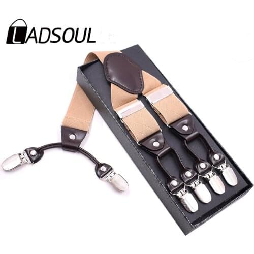 LADSOUL Fashion Suspenders Black leather 6 Clips Braces Vintage Casual Suspensorio Tirante Trousers Strap bretele Father/Husband
