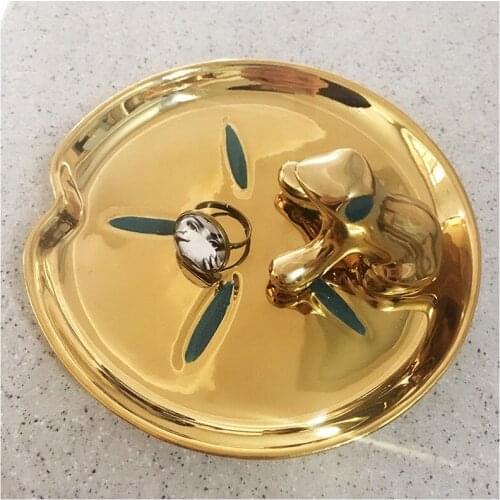 Gold Plated Toad Lotus Leaf Jewelry Plate Storage Table Luxury Little Ornament Girl Friend Ring Holder Decorative Plate