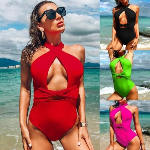 Push Up Cut Out Sexy One Piece Swimsuit Red Lace Up Swimwear Women Monokini Swimsuit Bodysuit Bathing Suit Beachwear