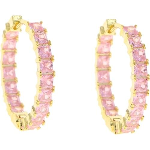 High Quality Gold Color Pink Square Baguette Cubic Zirconia Huggie Hoop Earring Classic Pinky CZ Medium Jewelry For Women