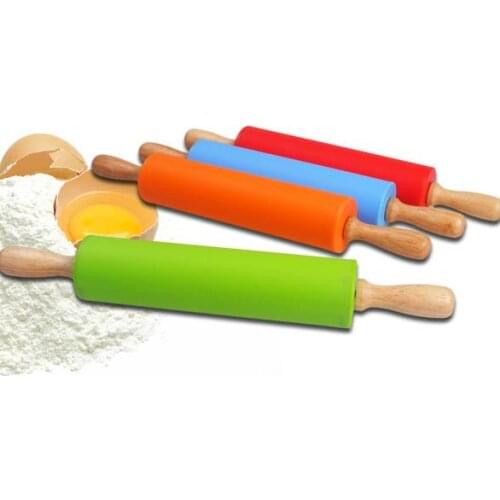 Non-Stick Silicone Rolling Pin Colorful Wood Handle Ferramentas Cake Decorating Tools Fondant 30cm