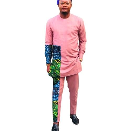 Modern Design African Fashion Pink Mens Pant Sets O Neck Top And Trouser Patchwork Male Outfits Dashiki Suits