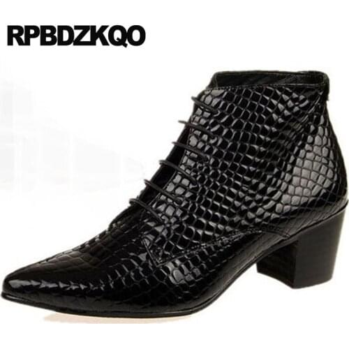 High Top Snakeskin Shoes Wedding Pointed Toe Patent Leather Oxford Dress Crocodile Booties Lace Up Mens Heel Boots Chunky Black