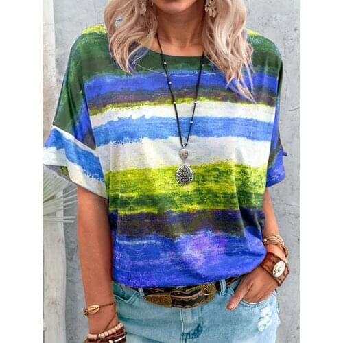 2021 New Summer Women Fashion Gradient Contrast Striped Round Neck Short Sleeved T-shirt Woman Tshirts Tops Clothing Aesthetic