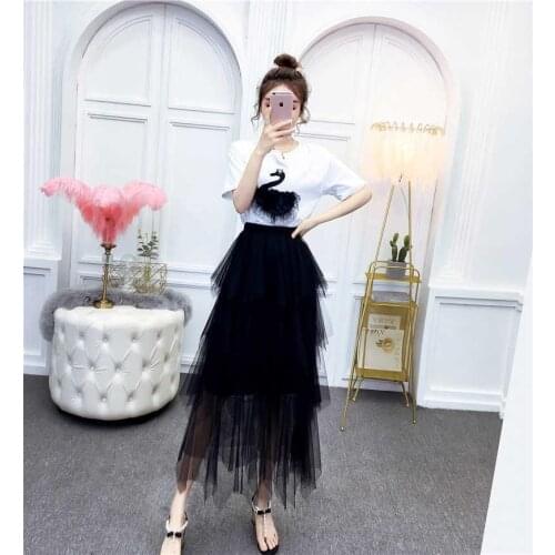 2021 Women two piece set Skirts suits women swan pattern tshirt tops + Gauze Skirts set