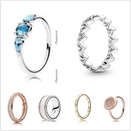 Authentic 925 Sterling Silver Patterns of Frost Moonlight With Blue Crystal Ring For Women Wedding Party Gift Pandora Jewelry