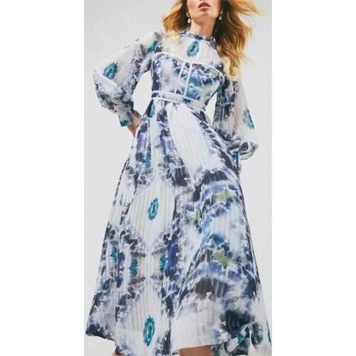 2021 Fashion Designer Summer Spring Dress Women Long Sleeve Flower Printed Elegant High Quality Pleated Full Dresses