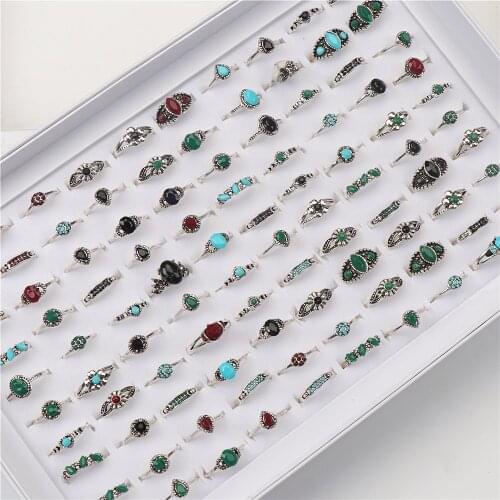 30pcs/lot Retro Bohemia Colorful Flowers Geometry Rings For Women Fashion Party Gifts Jewelry Mix Style Wholesale