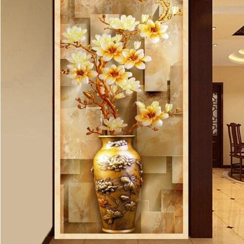 3D Entracne flower Wallpaper Entranceway Painting Photo Mural Porcelain Yellow Vase for Living Room Bedroom floral Wall Paper