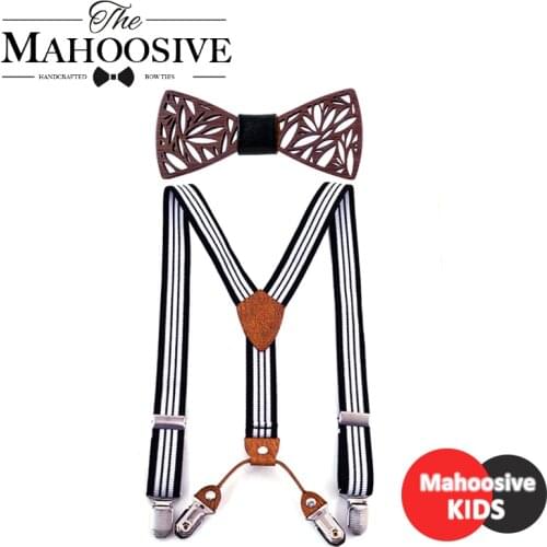 Wooden kids bow tie for boys Wedding Matching Striped Braces boys baby Suspenders Bow Tie Set Braces Belt