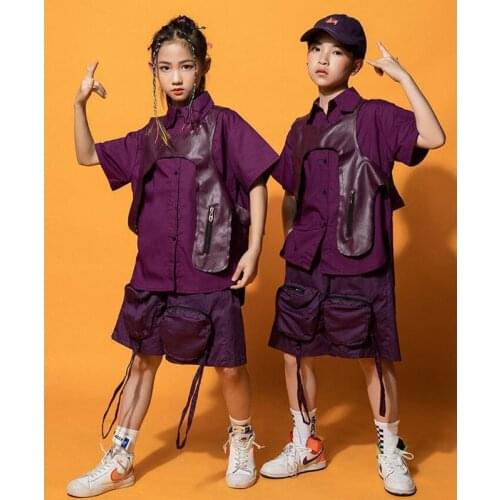 Kids Cool Purple Lapel Shirt Tops Loose Casual Shorts with Pockets Hip Hop Clothing for Boys Jazz Dance Costumes Clothes Wear