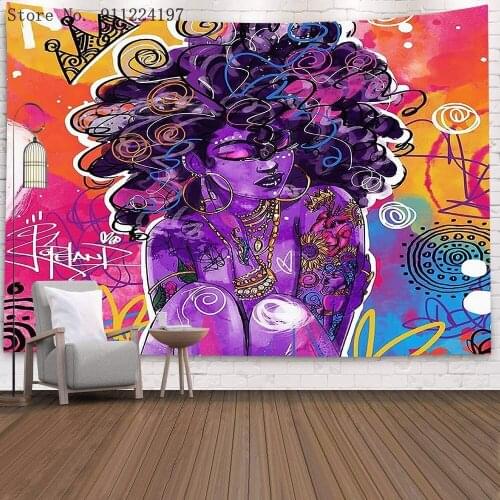 Hippie Girl Tapestry African Woman Black Girl With Purple Afro Hair Tapestry Wall Hanging for Bedroom Living Room Dorm Decor