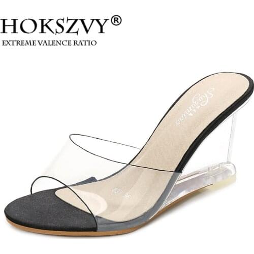 HOKSZVY 2021 New Women Slippers Crystal High Heels Summer Womens Shoes Buckle Simple Wedge Sandals Transparent Clear Shoes LFD