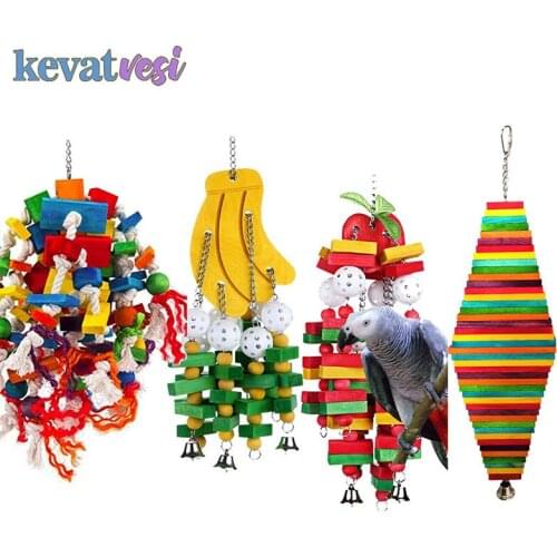 Pet Parrot Toys Wooden Bird Swing Toys Parrot Macaw Standing Rack Chew Toys with Bells Hanging Toy Training Bird Accessories