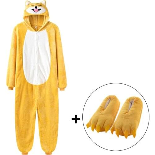 Unisex Couple Onesie Shiba Inu Kigurumis Yellow Dog Pajamas With Sllippers Home Wear Winter Warm Flannel Jumpsuit Funny Overall
