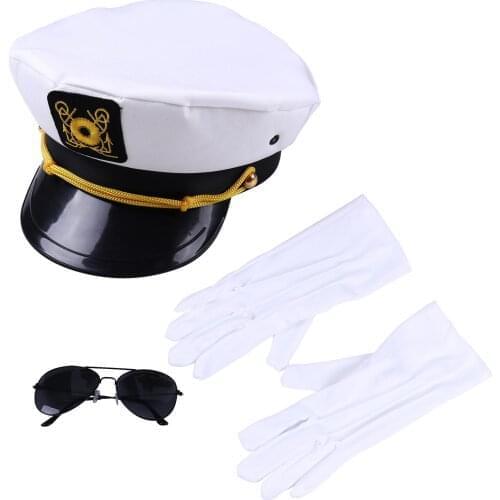 Navy Costume Accessories Mens Cosplay Yacht Captain Boating Hat Sailors Cap Aviator Sunglasses Flag Raising White Gloves Set