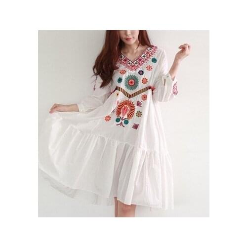 Summer White Boho Vintage Style Hand Embroidered Tunic Mexican Dress Hippie Puebla Retro Hippie Loose Vestidos