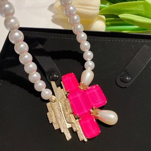 Hot brand fashion jewelry pink crystal cross design modernist pair of pearl necklace gold luxury top quality wedding jewelry,new