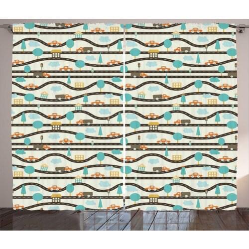 Cartoon City Curtains Cars and Trucks on Curling Road Satin Fabric Drapes for Living Room Bedroom 2 Panel Window Set