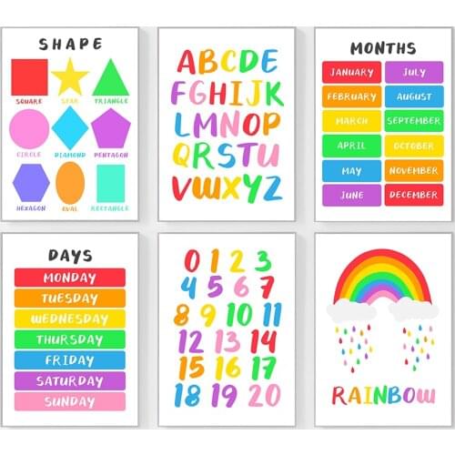Cartoon Rainbow ABC Number Canvas Print Shape Month Posters and Prints Kids Room Wall Art Decoration Picture Childrens Room Art
