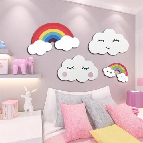 Cartoon Rainbow Clouds Wall Stickers For Kids Room Baby Bedroom In Wall Sticker Home Decorative Wooden-Plastic Wall Stickers