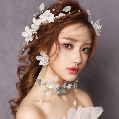Korean Women Headbands and Earrings Set Wedding Bride Tiaras Crowns Bridal Flower Headdress Hair Accessories Pearl Diadem Crown