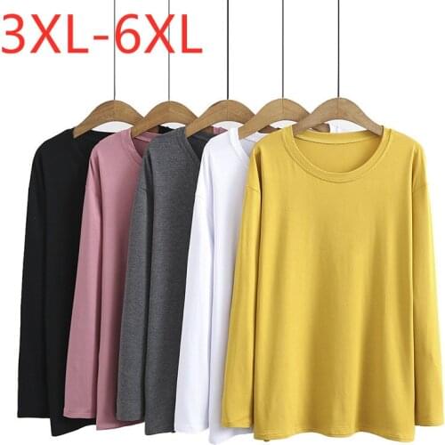 New 2021 Ladies Spring Autumn Plus Size Tops For Women Large Long Sleeve Slim Cotton Yellow White O-neck T-Shirt 3XL 4XL 5XL 6XL