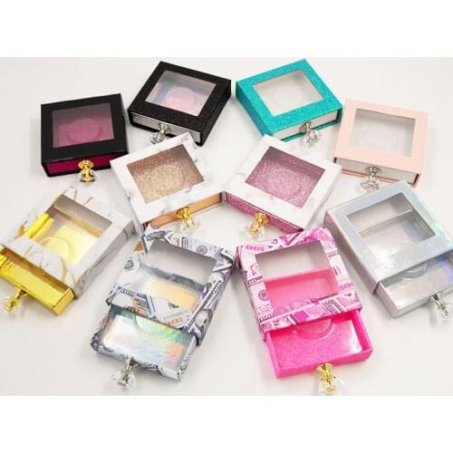 Wholesales Crystal handle NEW 25mm False Eyelashes Packaging Box Lash Boxes Fake 3d Mink Lashes Glitter Case empty free logo