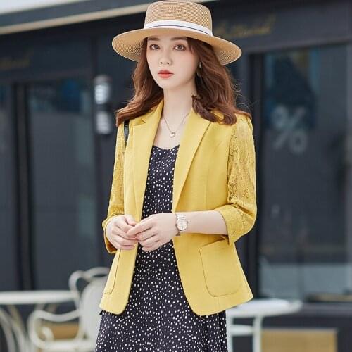 Novelty Yellow Lace Blazers Jackets Coat Half Sleeve Formal Outwear Blaser for Women Business Work Wear Professsional Tops