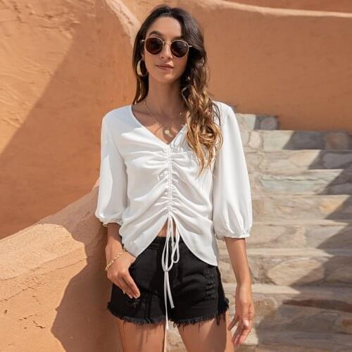 AKBSUN Simple And Fashionable Summer New Product Womens V-Neck Casual Temperament Drawstring Three-Quarter Sleeve Chiffon Shirt