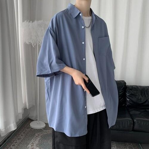 Mens Short Sleeve Shirt Mens Solid Color Shirts 2021 Fashion Casual Oversize Tops Korean Streetwear Male Clothing S-5XL