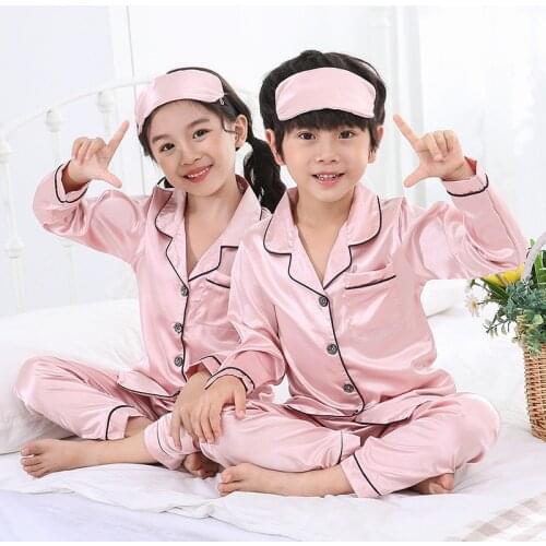 Boys Girls Silk Stain Pajamas Baby Autumn Spring Long Sleeve Silk Sleepwear Set Solid Color Comfort Girl Boy Nightwear Clothing