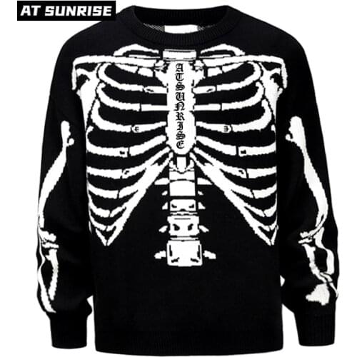 Men Hip Hop Streetwear Harajuku Sweater Vintage Retro Embroidered letters skeleton Knitted Sweater Autumn winter Cotton Pullover