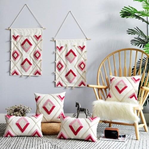 Morocco Style Woven Boho Throw Pillow Case 30x50cm/45x45cm Pink Striped Cotton Linen Cushion Cover for Sofa Decorative