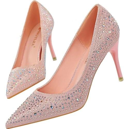 New BlingBling Crystal Wedding Pumps Shoes Women Autumn Elegant PU Pointed Toe Slip-On Shallow 7CM Thin High Heels Party Shoes