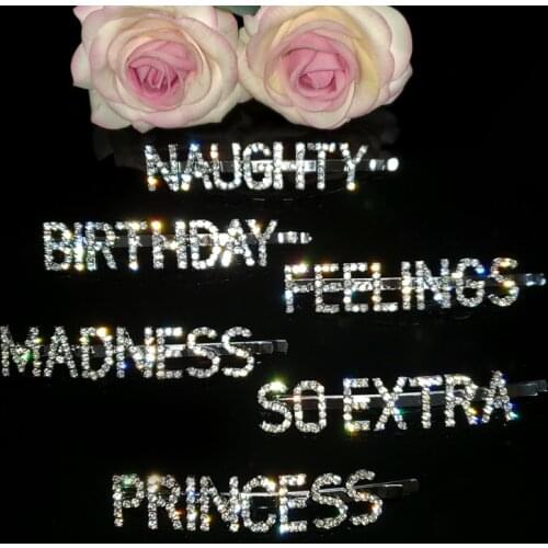 Blingbling Crystal Word Hairclips "NAUGHTY,BIRTHDAY,FEELINGS,MADNESS,SO EXTRA,PRINCESS" Letters Hair Pin Hair Jewelry WHOLESALE
