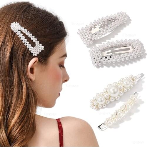 Full Pearl Hair Clips Women Handmade Bowknot Hairpins Girls Flower Barrettes Geometric Metal Headwear Hair Styling Accessories
