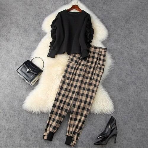 New 2020 autumn winter women designer black sweatshirt ruffles zipper sleeve tops high waist plaid pants fashion two piece set